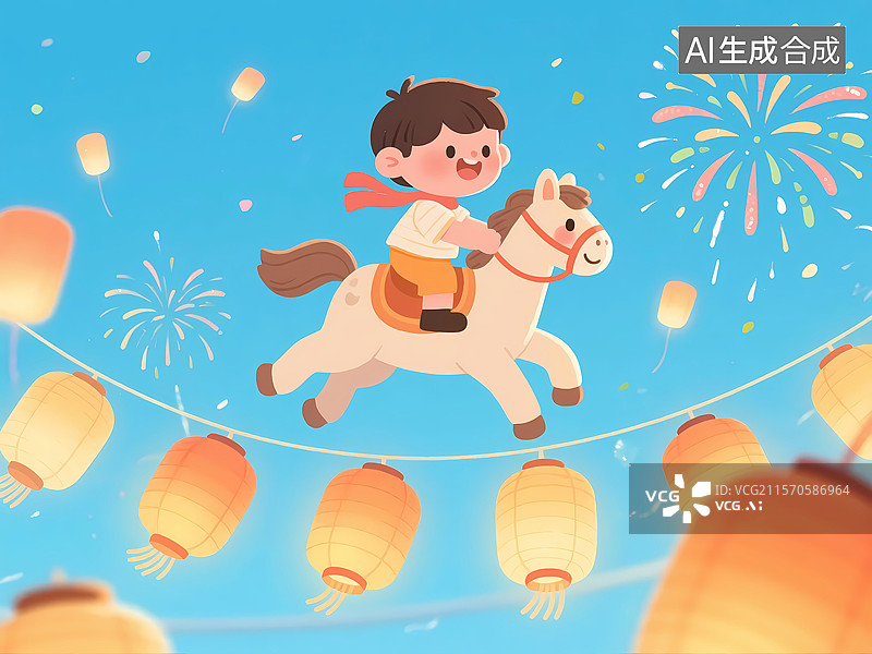 【AI数字艺术】小孩骑马在天空飞翔庆祝节日2D卡通插画图片素材