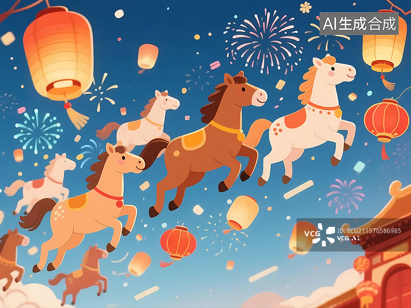 【AI数字艺术】马儿们在天空飞奔庆祝节日2D卡通插画图片素材