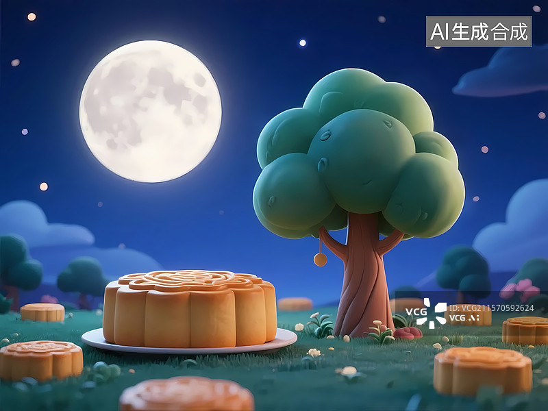 【AI数字艺术】夜晚树下的巨大月饼3D卡通插画图片素材