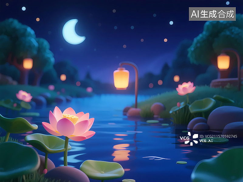 【AI数字艺术】夏夜池塘放河灯3D卡通唯美背景图片素材
