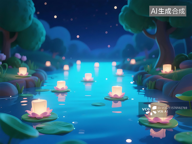 【AI数字艺术】夏夜池塘放河灯3D卡通唯美背景图片素材