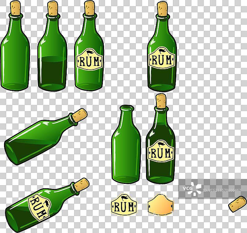 一组绿色空瓶，装有葡萄酒和朗姆酒图片素材