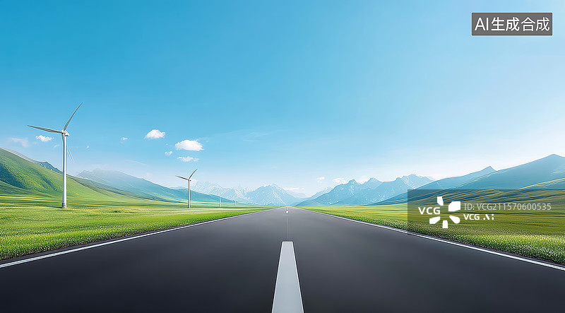 【AI数字艺术】通向远方的公路与风力发电机图片素材