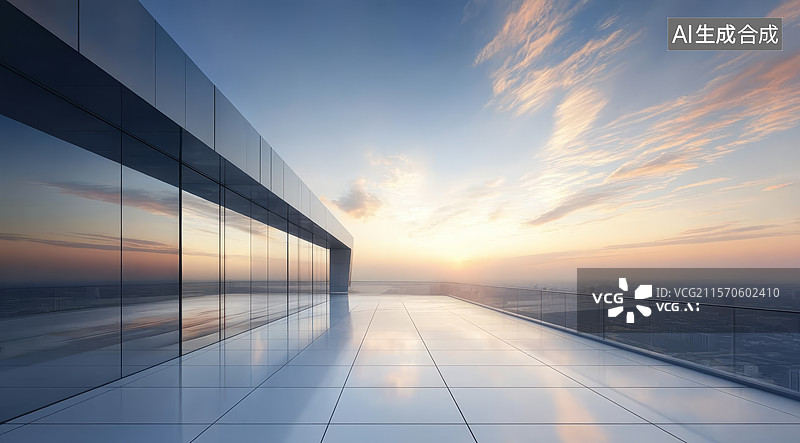 【AI数字艺术】现代建筑屋顶的夕阳景色图片素材