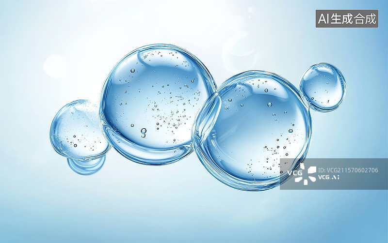 【AI数字艺术】透明水泡悬浮在淡蓝色背景中图片素材