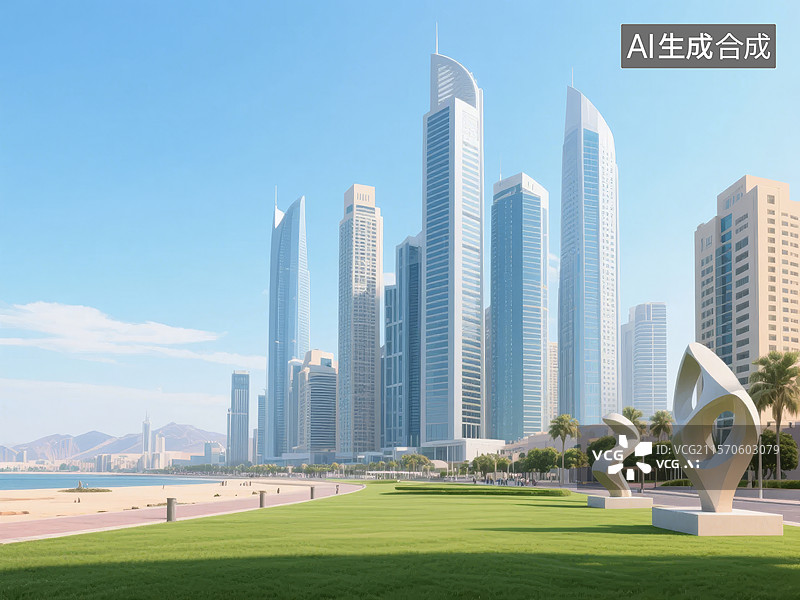 【AI数字艺术】现代海滨城市天际线图片素材