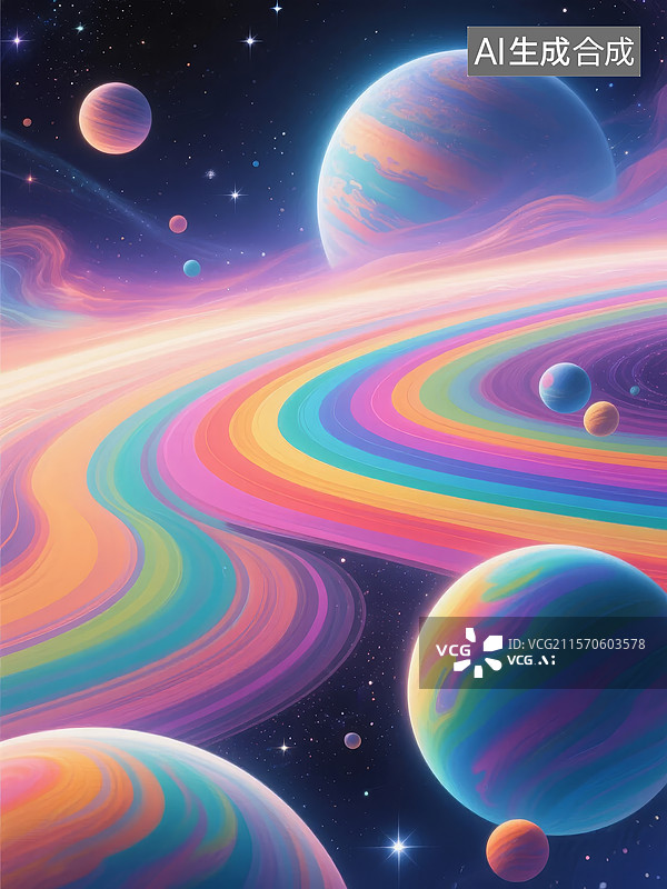 【AI数字艺术】彩虹星球与星环的奇幻宇宙图片素材