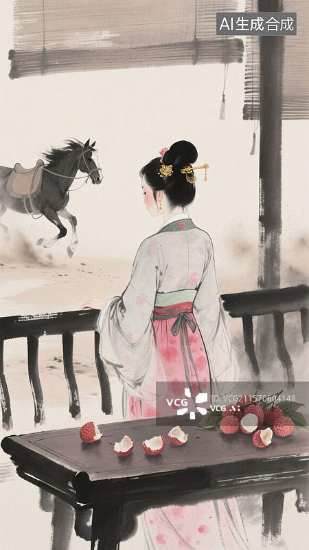 【AI数字艺术】杨贵妃吃荔枝工笔画图片素材