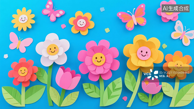 【AI数字艺术】彩色纸艺花朵与蝴蝶装饰图片素材