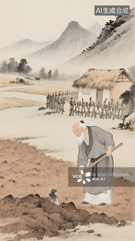 【AI数字艺术】陶渊明采菊东篱下悠然见南山图片素材
