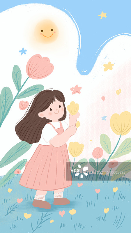 六一儿童节站在花丛下小女孩图片素材