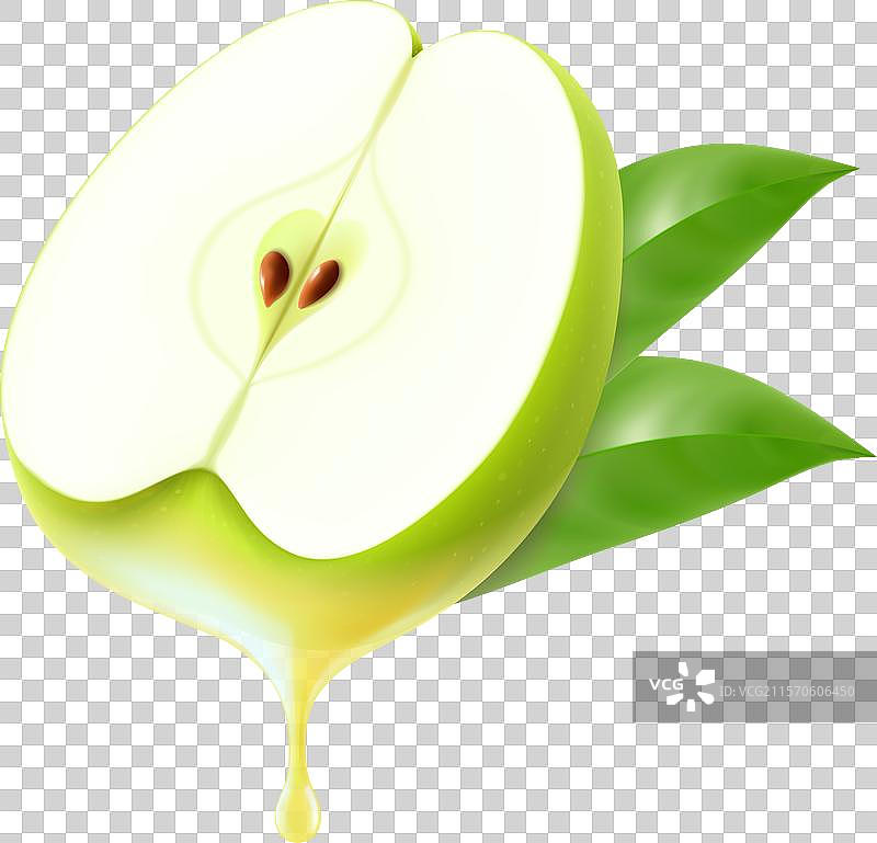 新鲜切片的绿色苹果上滴落的苹果汁图片素材