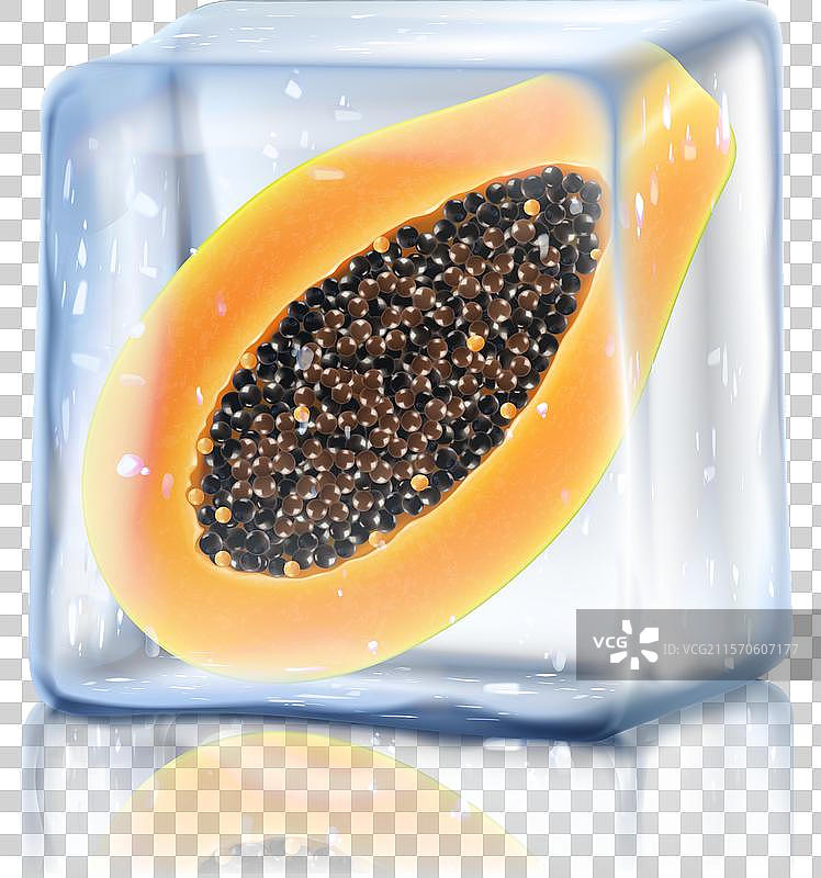 冰块中孤立的新鲜成熟木瓜切片图片素材