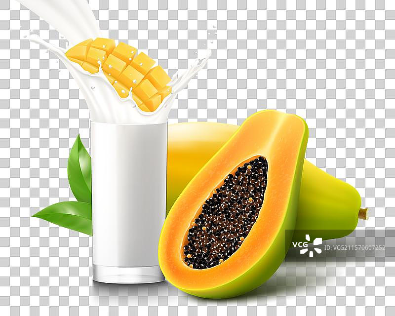 一杯配有熟木瓜的酸奶或奶昔图片素材