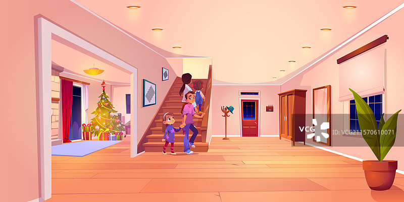 圣诞前夕，家人们在家中上楼图片素材
