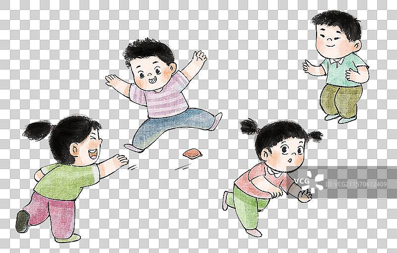 手绘水墨童年之大家一起玩丢沙包免抠元素图片素材