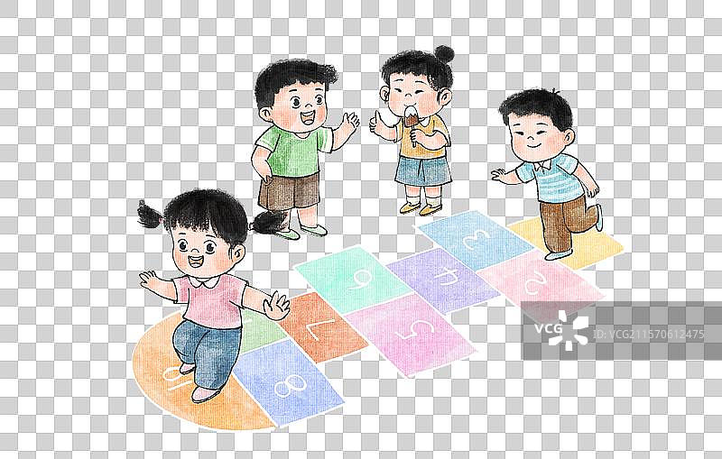 手绘水墨童年之大家一起玩跳房子免抠元素图片素材