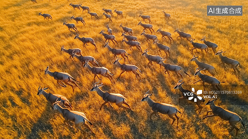 【AI数字艺术】世界动物日插画航拍视角非洲大草原上成群的动物在奔跑图片素材