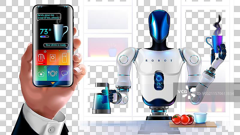 人形机器人仆人应请求倒茶图片素材