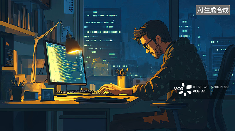 【AI数字艺术】1024程序员节插画程序员紧盯屏幕在键盘上编写代码图片素材