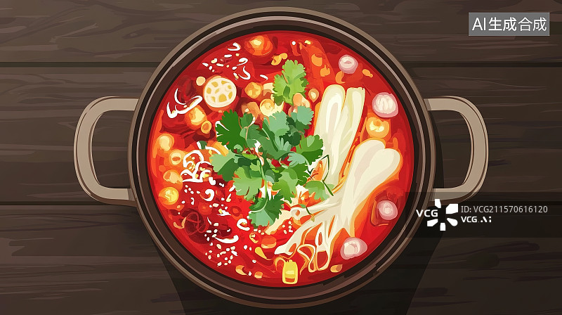 【AI数字艺术】黑色干净背景前一锅中国四川火锅的顶视图插画图片素材