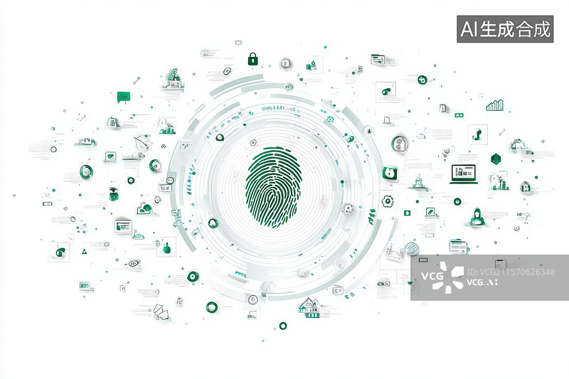 【AI数字艺术】绿色指纹科技与智能安全防护图示图片素材