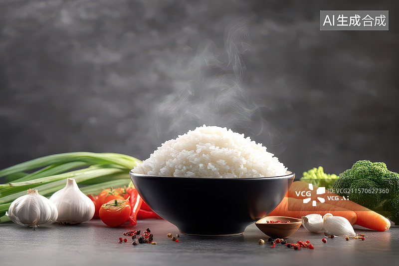 【AI数字艺术】热气白米饭与缤纷蔬菜食材特写图片素材
