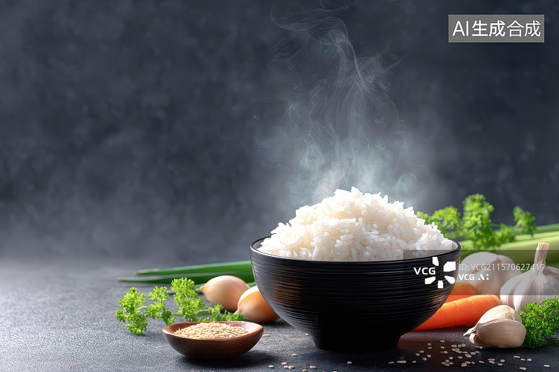 【AI数字艺术】热气白米饭与缤纷蔬菜食材特写图片素材