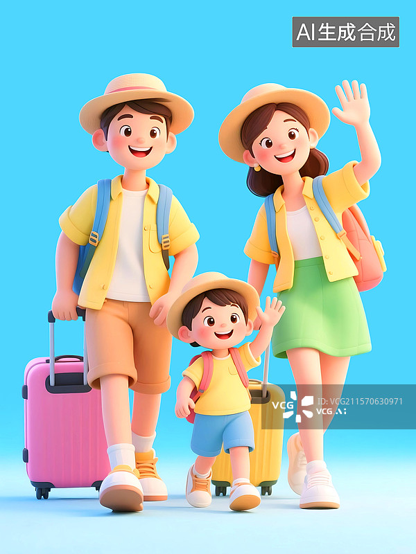 【AI数字艺术】3D三维C4D一家三口父母孩子暑假儿童节家庭旅行拉着旅行箱旅游出发图片素材