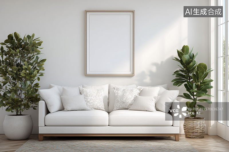【AI数字艺术】白色沙发和空白相框图片素材
