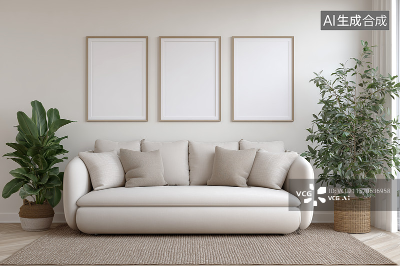 【AI数字艺术】白色沙发和空白相框图片素材