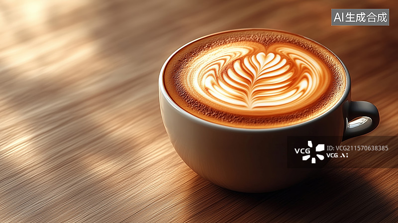 【AI数字艺术】木桌上的卡布奇诺特写镜头图片素材