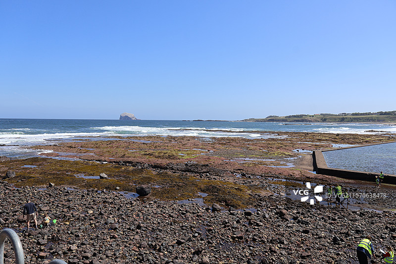 小朋友在英国北贝里克海滩滩涂上的户外寻宝活动图片素材