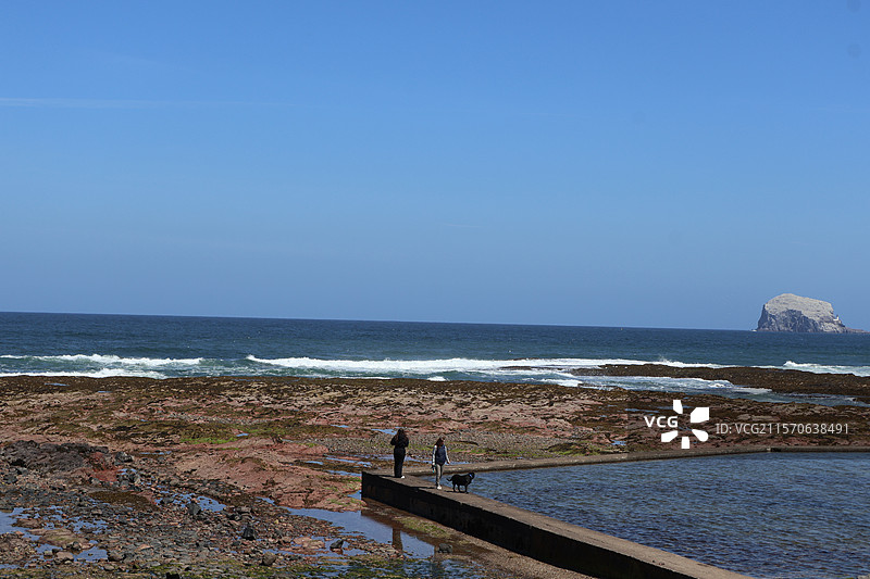 小朋友在英国北贝里克海滩滩涂上的户外寻宝活动图片素材