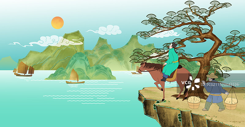 中国风新中式古风古典传统文化古装古人古代古时候历史国学经典文人墨客宋代苏轼骑马帆船悠闲自在场景插画图片素材