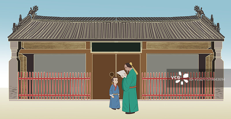 中国风新中式古风古典传统文化古装古人古代古时候历史国学经典文人墨客私塾老师教育孩子场景插画图片素材