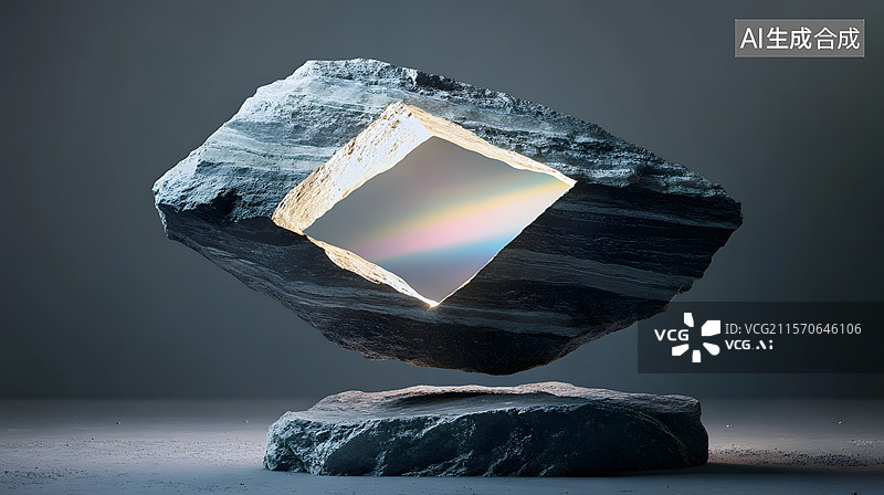 【AI数字艺术】悬浮岩石中的光谱效果图片素材
