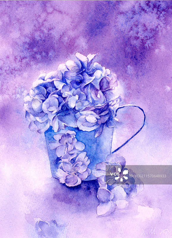 纸上水彩画手绘花卉静物紫色调图片素材