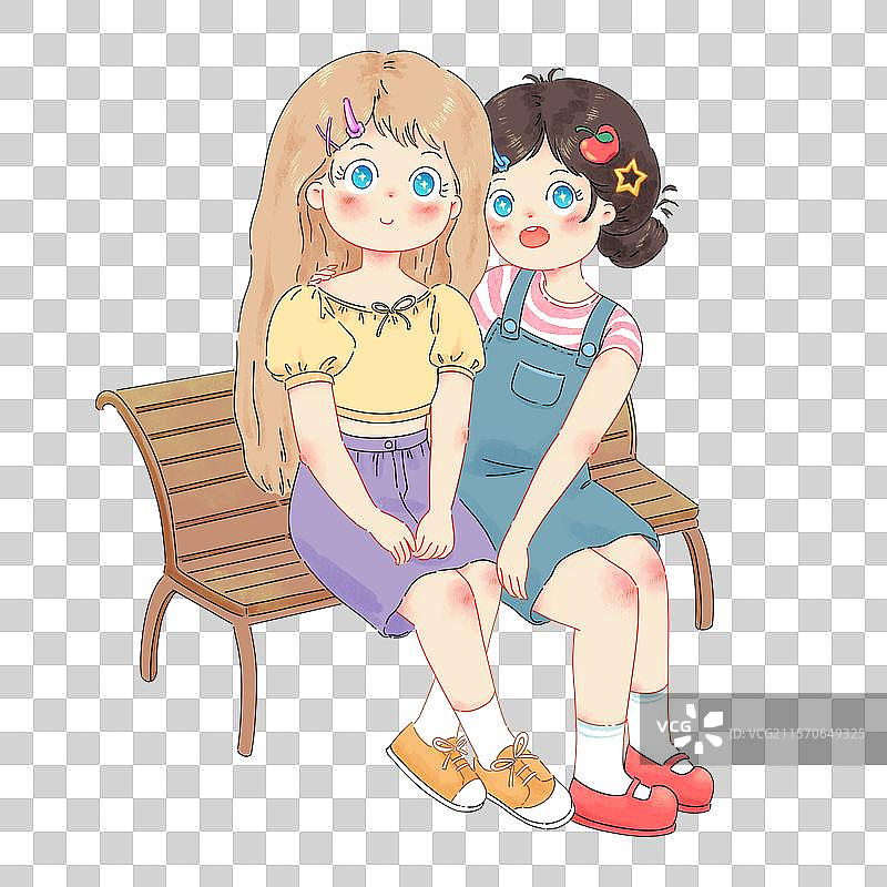 萌系可爱风两个女孩闺蜜姐妹免抠元素，两个女孩挨着坐在木椅上。图片素材