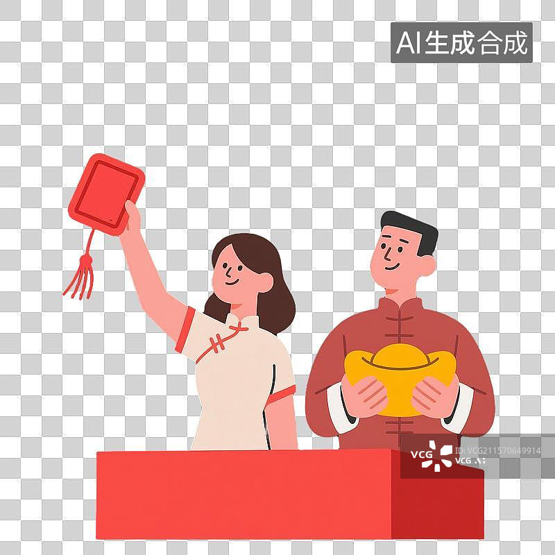 【AI数字艺术】扁平漫画中传统男女举物场景图片素材