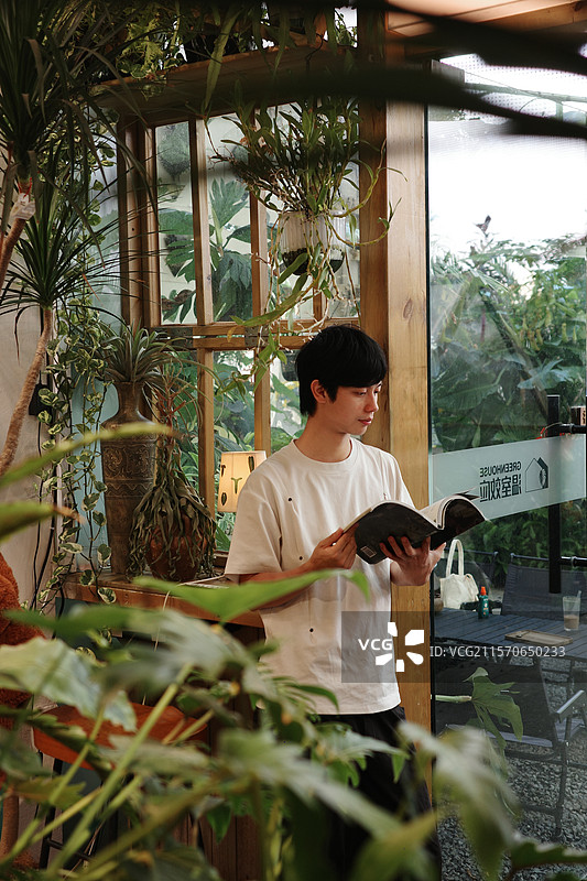 在绿植主题咖啡馆的男性图片素材