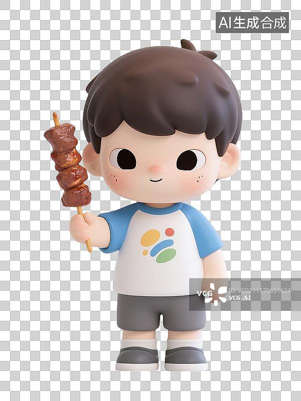 【AI数字艺术】卡通版手拿烤羊肉串的小男孩盲盒图片素材