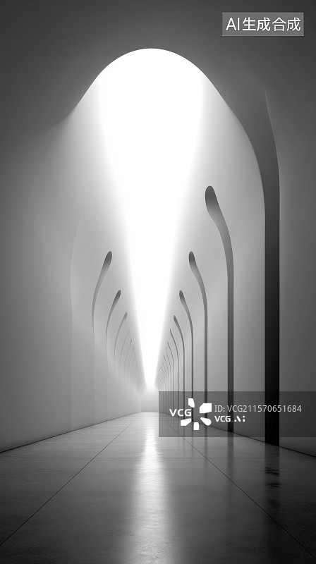 【AI数字艺术】现代建筑中的圆形拱门走廊图片素材