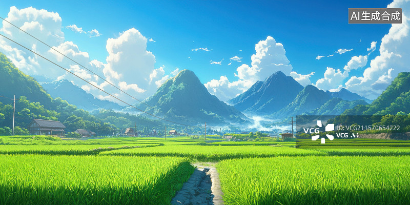 【AI数字艺术】宫崎骏的夏天漫画风蓝天白云大草原图片素材