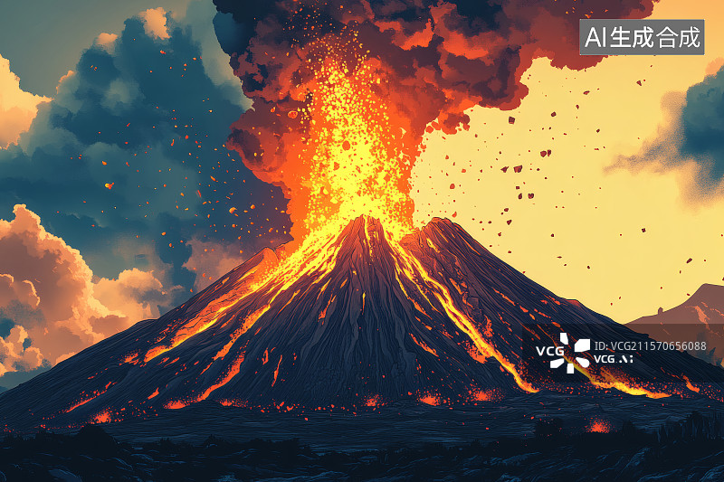 【AI数字艺术】正在喷发的火山，熔岩四溅图片素材