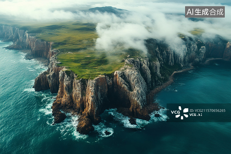 【AI数字艺术】海岛，云雾，海浪拍打着礁石，旅游背景图图片素材