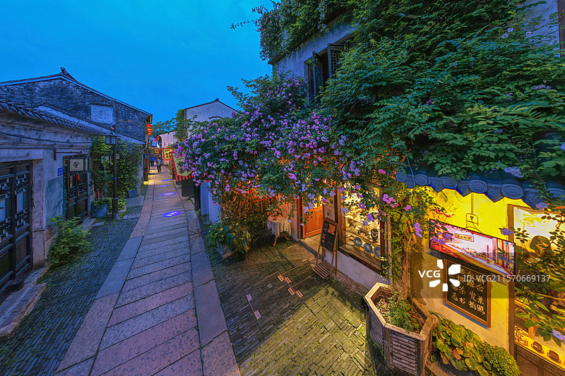 初夏蓝调时刻无锡清名桥古运河街区南长街南下塘沿街店铺和盛开的蔷薇花图片素材