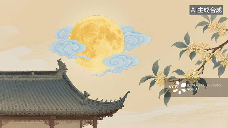【AI数字艺术】古风建筑赏月意境图片素材