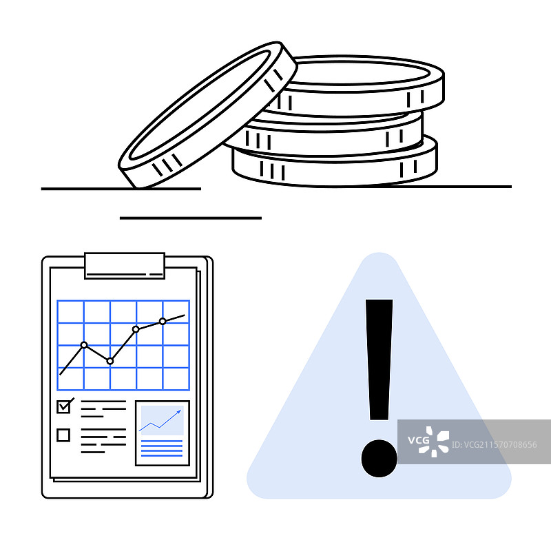 财务图表、警告标志和叠放的硬币图片素材