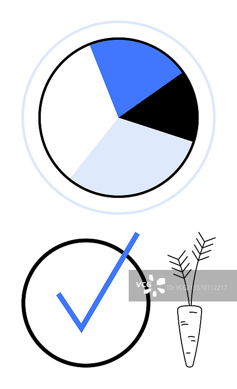 极简风格的饼图、勾号和胡萝卜素描图片素材